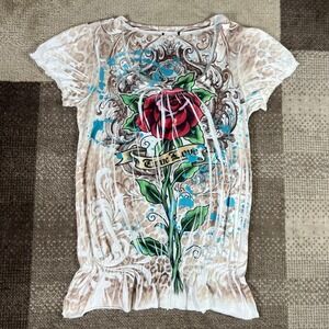 Y2K Womens Rose True Love Graphic T Shirt Blouse Top Ed Hardy Style